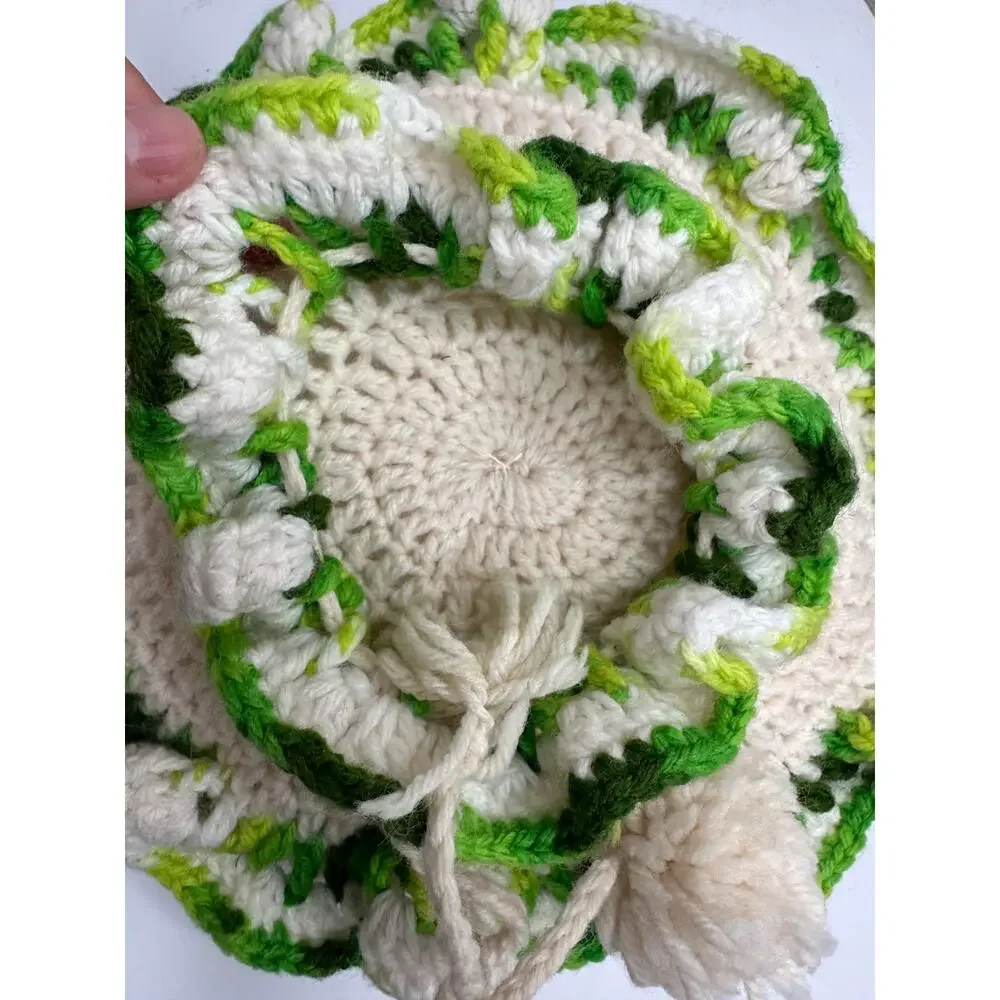 Vintage Handmade Round Flower Crochet Pillow Green White